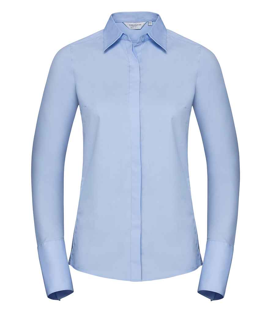 Russell Collection Ladies Ultimate Stretch Shirt in Bright Sky by Russell — Custom branded clothing by Print Press, featuring premium embroidery produced in our specialist print lab in the UK.