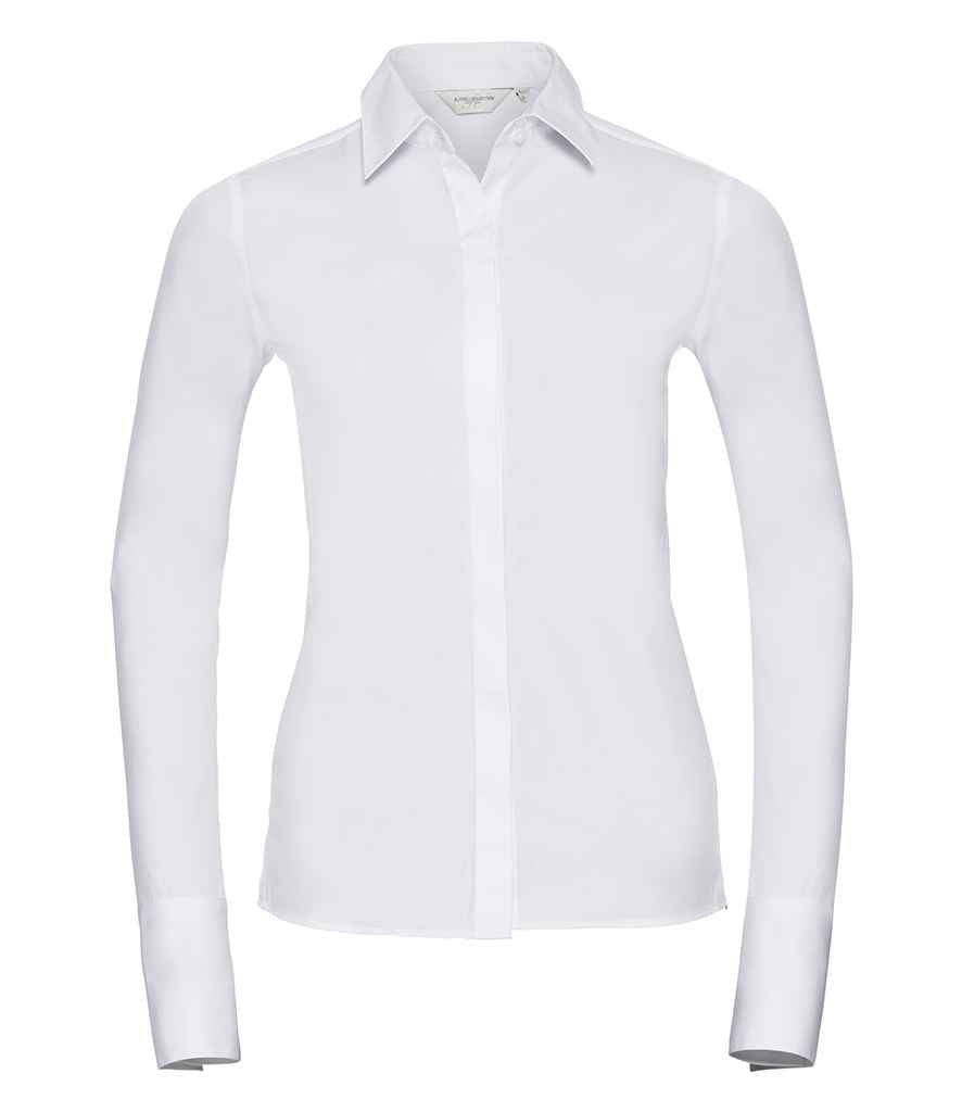 Russell Collection Ladies Ultimate Stretch Shirt in White by Russell — Custom branded clothing by Print Press, featuring premium embroidery produced in our specialist print lab in the UK.