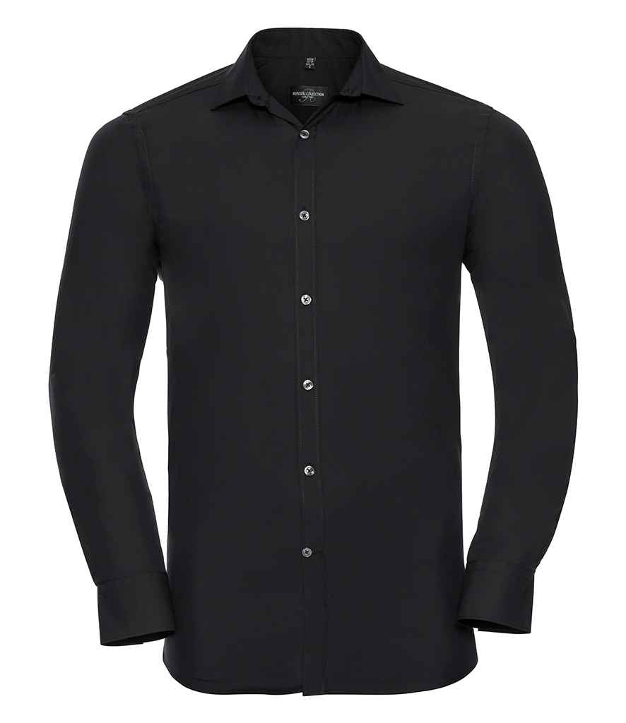 Russell Collection Long Sleeve Ultimate Stretch Shirt in Black by Russell — Custom branded clothing by Print Press, featuring premium embroidery produced in our specialist print lab in the UK.