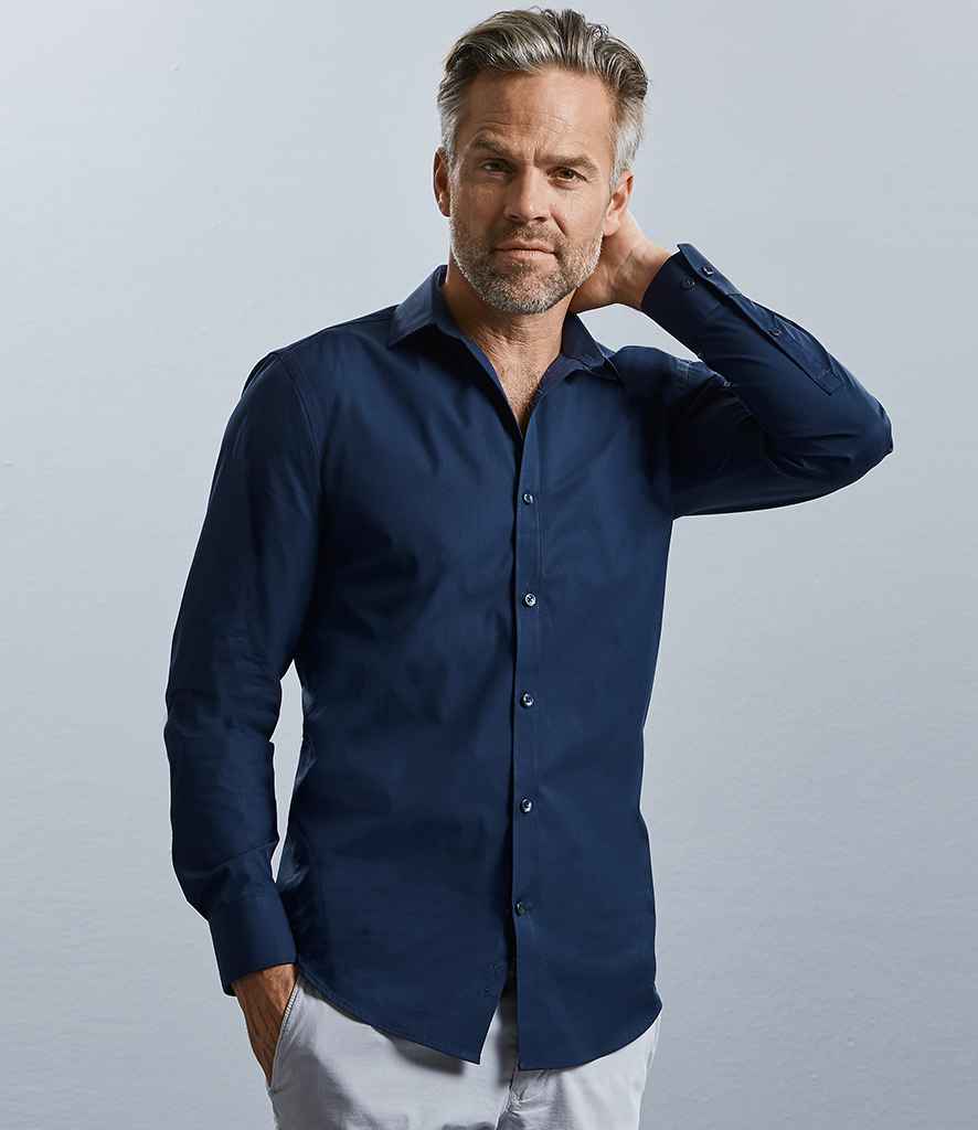 Russell Collection Long Sleeve Ultimate Stretch Shirt in Bright Navy by Russell — Custom branded clothing by Print Press, featuring premium embroidery produced in our specialist print lab in the UK.