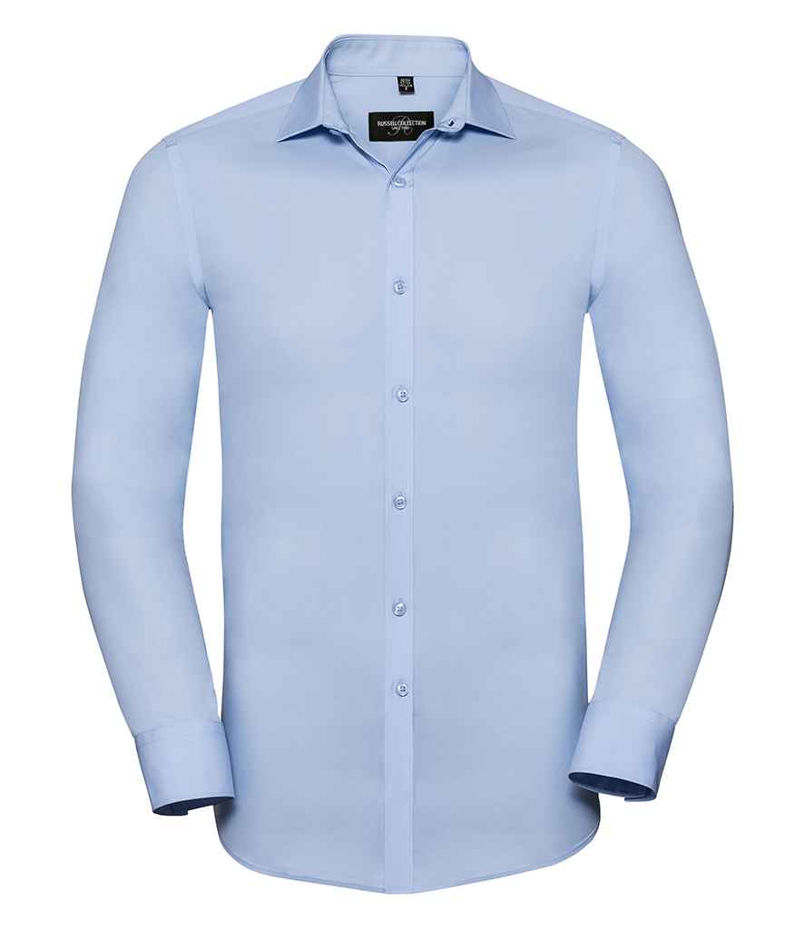 Russell Collection Long Sleeve Ultimate Stretch Shirt in Bright Sky by Russell — Custom branded clothing by Print Press, featuring premium embroidery produced in our specialist print lab in the UK.