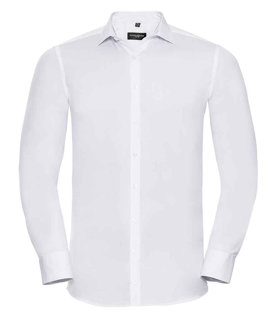 Russell Collection Long Sleeve Ultimate Stretch Shirt in White by Russell — Custom branded clothing by Print Press, featuring premium embroidery produced in our specialist print lab in the UK.
