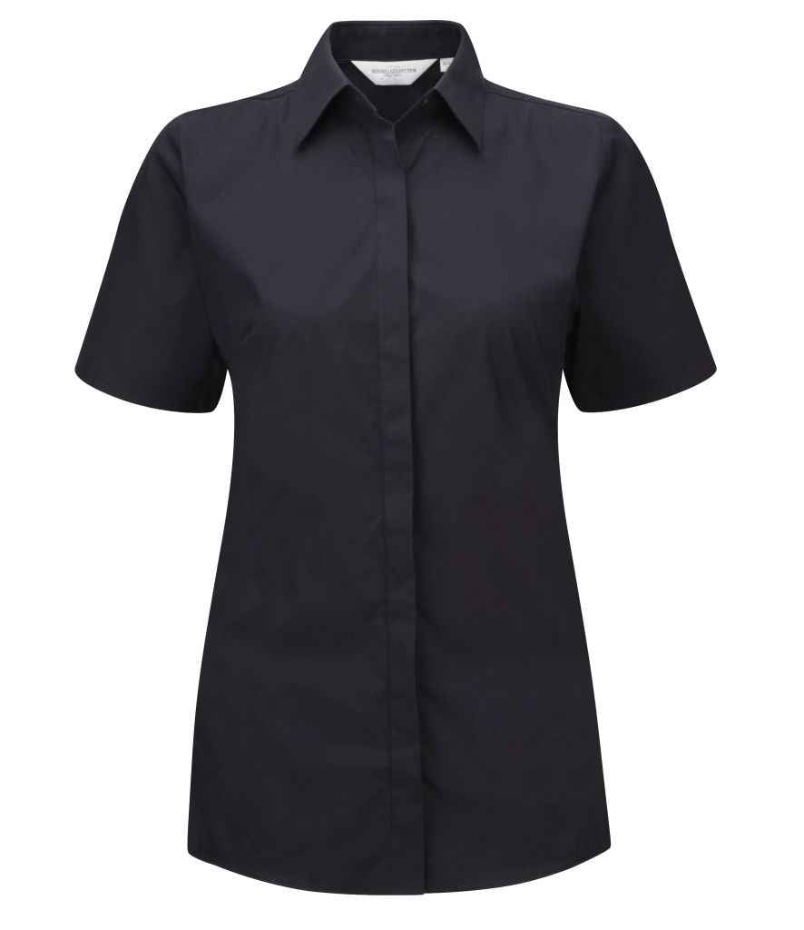 Russell Collection Ladies Short Sleeve Ultimate Stretch Shirt in Black by Russell — Custom branded clothing by Print Press, featuring premium embroidery produced in our specialist print lab in the UK.