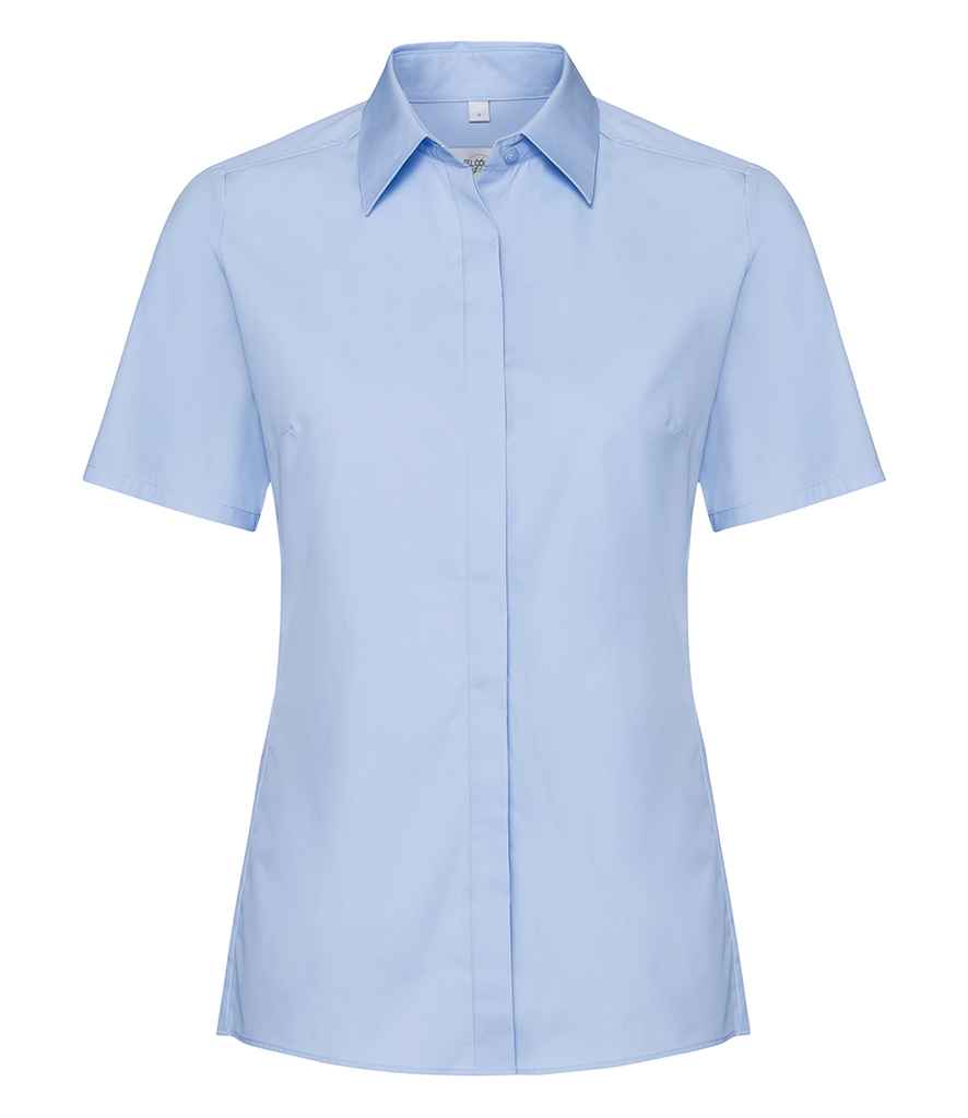 Russell Collection Ladies Short Sleeve Ultimate Stretch Shirt in Bright Sky by Russell — Custom branded clothing by Print Press, featuring premium embroidery produced in our specialist print lab in the UK.