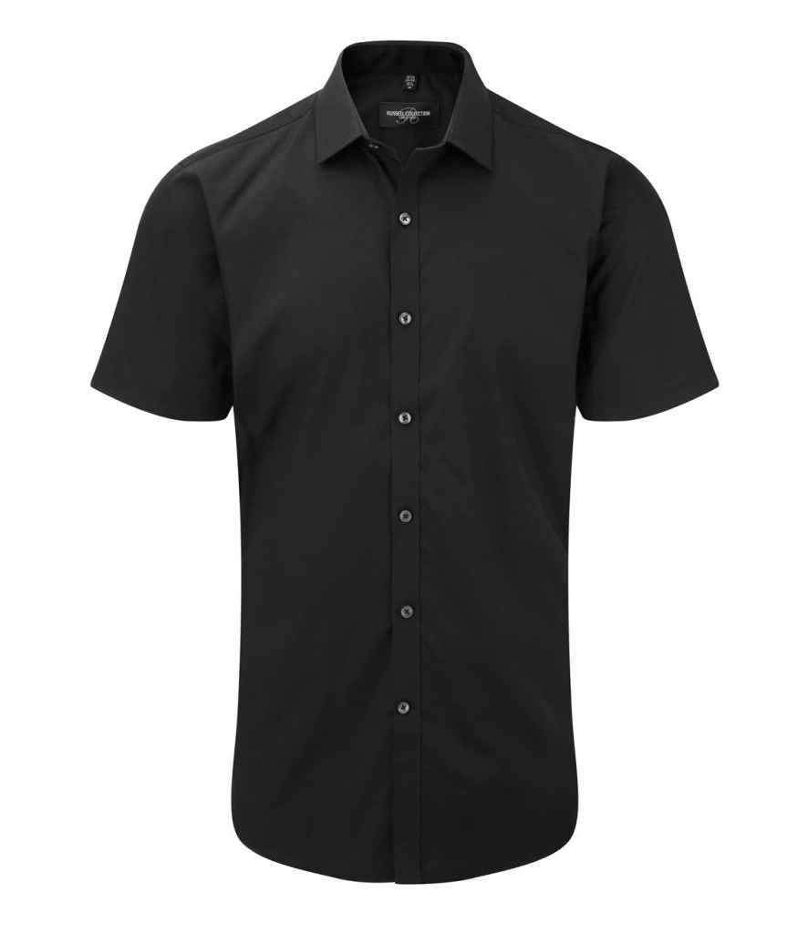 Russell Collection Ultimate Short Sleeve Stretch Shirt in Black by Russell — Custom branded clothing by Print Press, featuring premium embroidery produced in our specialist print lab in the UK.