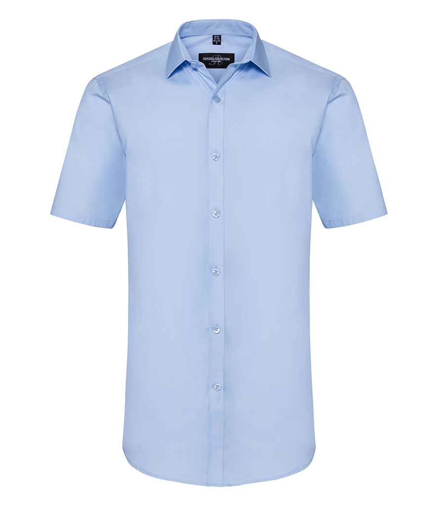 Russell Collection Ultimate Short Sleeve Stretch Shirt in Bright Sky by Russell — Custom branded clothing by Print Press, featuring premium embroidery produced in our specialist print lab in the UK.