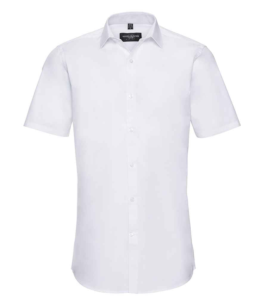 Russell Collection Ultimate Short Sleeve Stretch Shirt in White by Russell — Custom branded clothing by Print Press, featuring premium embroidery produced in our specialist print lab in the UK.