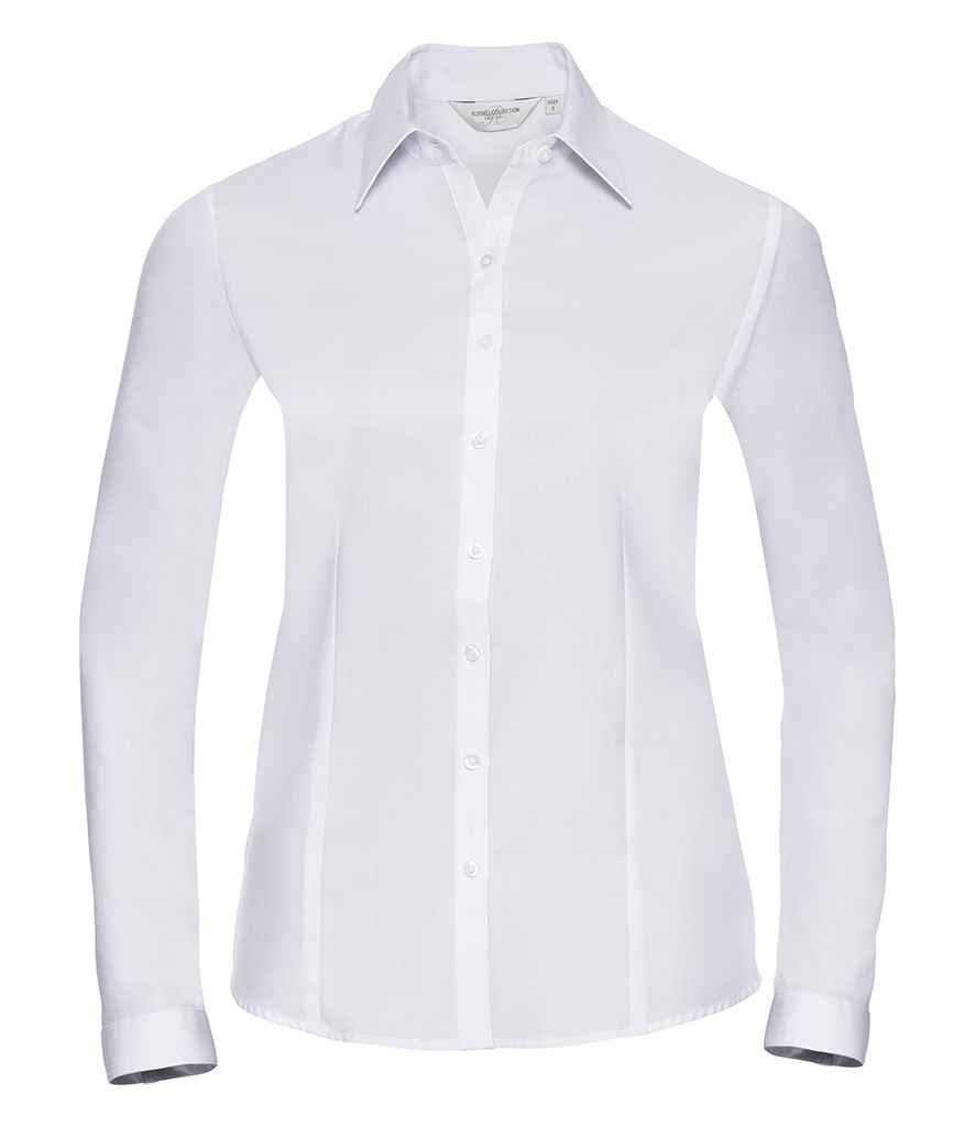 Russell Collection Ladies Long Sleeve Herringbone Shirt in White by Russell — Custom branded clothing by Print Press, featuring premium embroidery produced in our specialist print lab in the UK.