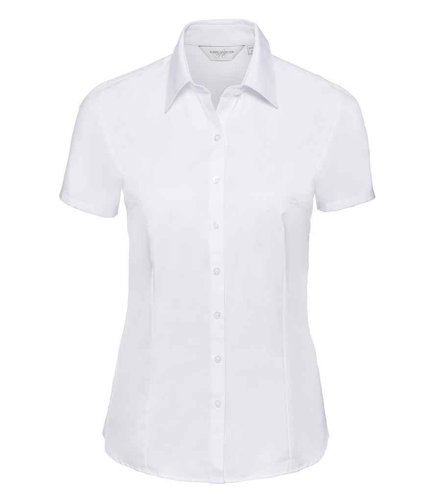 Russell Collection Ladies Short Sleeve Herringbone Shirt in White by Russell — Custom branded clothing by Print Press, featuring premium embroidery produced in our specialist print lab in the UK.