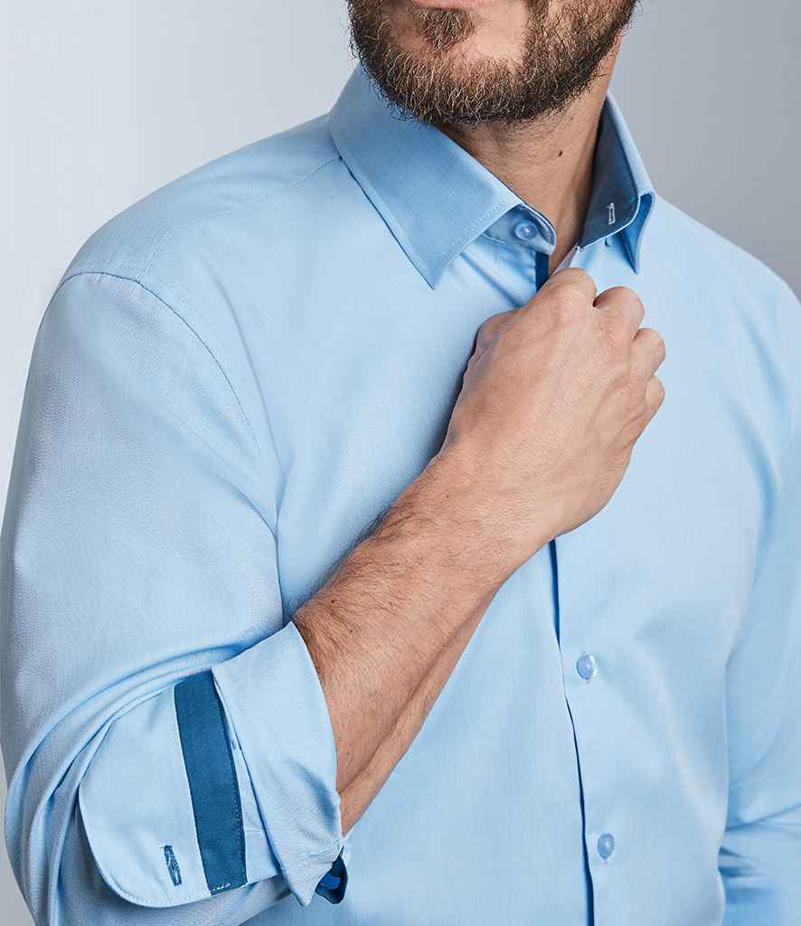 Russell Collection Long Sleeve Contrast Herringbone Shirt in by Russell — Custom branded clothing by Print Press, featuring premium embroidery produced in our specialist print lab in the UK.