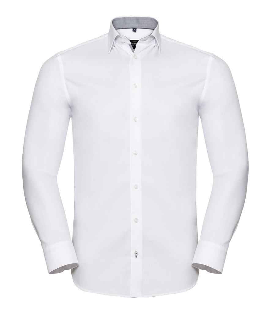 Russell Collection Long Sleeve Contrast Herringbone Shirt in White Silver by Russell — Custom branded clothing by Print Press, featuring premium embroidery produced in our specialist print lab in the UK.