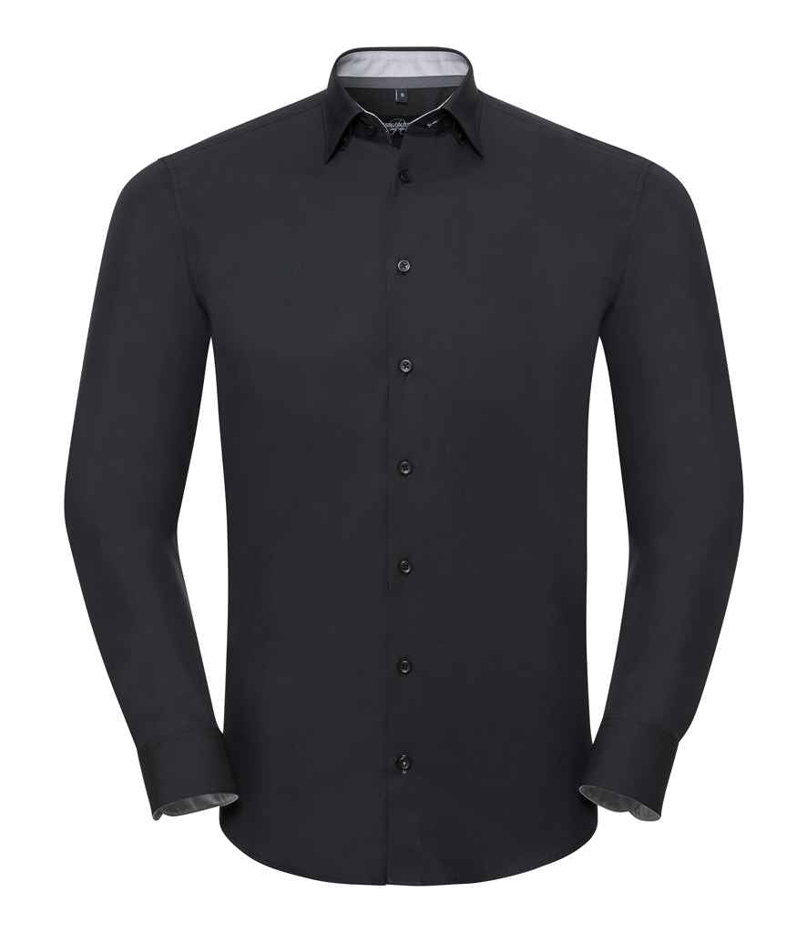 Russell Collection Long Sleeve Contrast Ultimate Stretch Shirt in Black Oxford Grey by Russell — Custom branded clothing by Print Press, featuring premium embroidery produced in our specialist print lab in the UK.