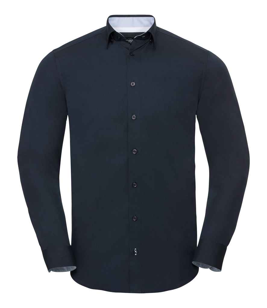 Russell Collection Long Sleeve Contrast Ultimate Stretch Shirt in by Russell — Custom branded clothing by Print Press, featuring premium embroidery produced in our specialist print lab in the UK.