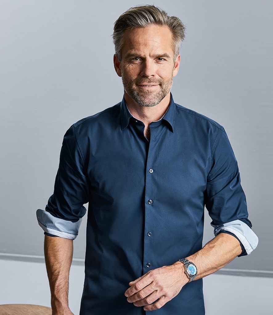 Russell Collection Long Sleeve Contrast Ultimate Stretch Shirt in Bright Navy Oxford Blue by Russell — Custom branded clothing by Print Press, featuring premium embroidery produced in our specialist print lab in the UK.