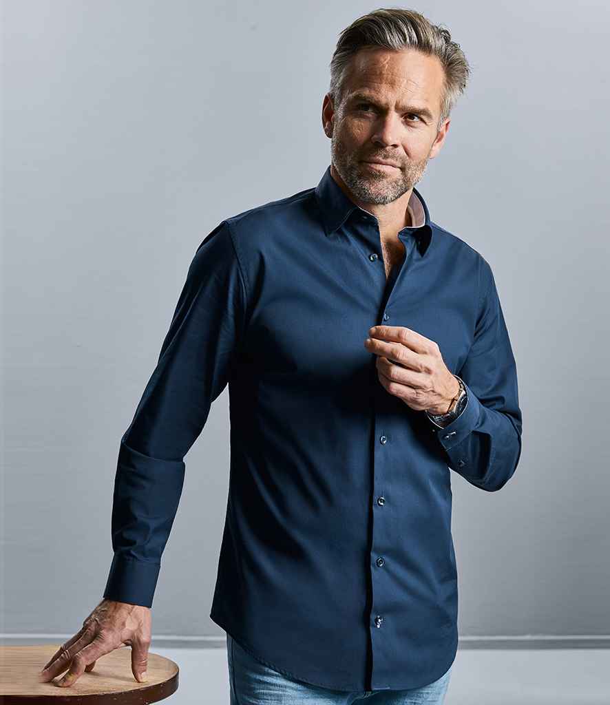 Russell Collection Long Sleeve Contrast Ultimate Stretch Shirt in by Russell — Custom branded clothing by Print Press, featuring premium embroidery produced in our specialist print lab in the UK.