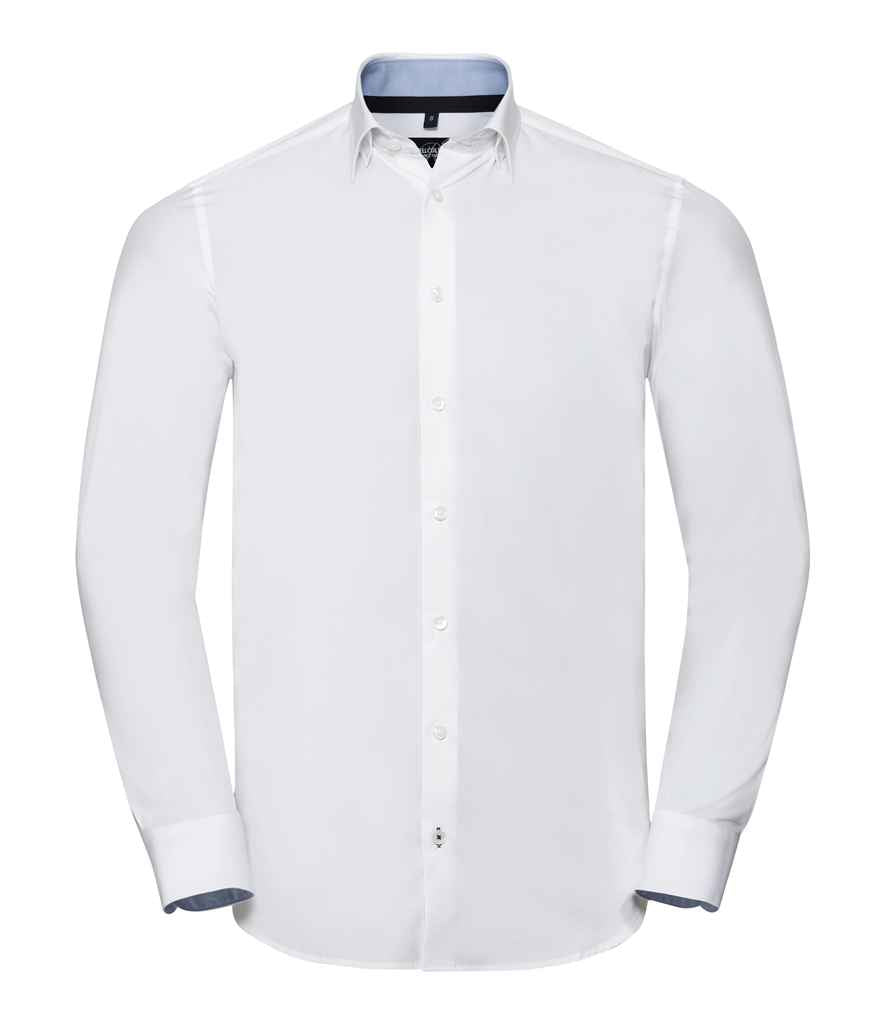 Russell Collection Long Sleeve Contrast Ultimate Stretch Shirt in White Oxford Blue by Russell — Custom branded clothing by Print Press, featuring premium embroidery produced in our specialist print lab in the UK.