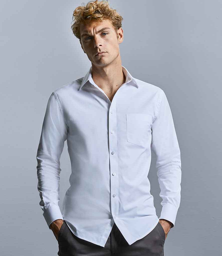 Russell Collection Long Sleeve Tailored Coolmax® Shirt in White by Russell — Custom branded clothing by Print Press, featuring premium embroidery produced in our specialist print lab in the UK.
