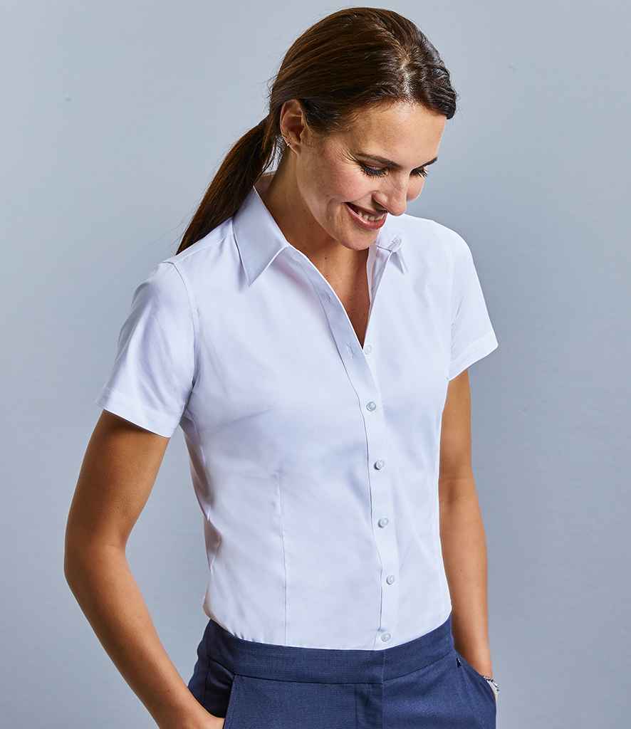 Russell Collection Ladies Short Sleeve Tailored Coolmax® Shirt in White by Russell — Custom branded clothing by Print Press, featuring premium embroidery produced in our specialist print lab in the UK.