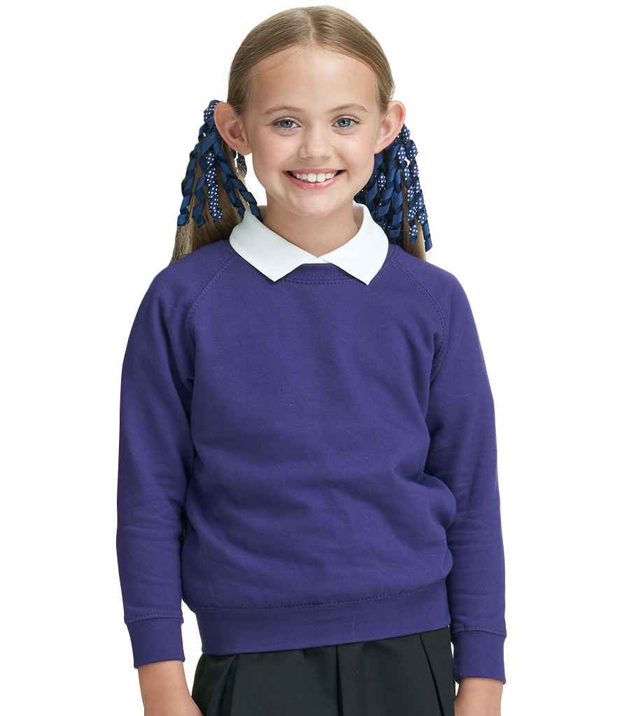 AWDis Academy Kids Raglan Sweatshirt in Purple by AWDis Academy — Custom branded clothing by Print Press, featuring premium embroidery produced in our specialist print lab in the UK.