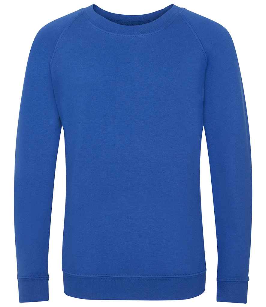 AWDis Academy Kids Raglan Sweatshirt in Royal Blue by AWDis Academy — Custom branded clothing by Print Press, featuring premium embroidery produced in our specialist print lab in the UK.