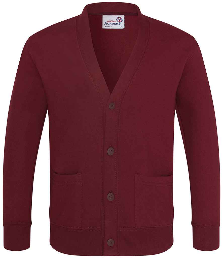 AWDis Academy Kids Sweat Cardigan in Burgundy by AWDis Academy — Custom branded clothing by Print Press, featuring premium embroidery produced in our specialist print lab in the UK.