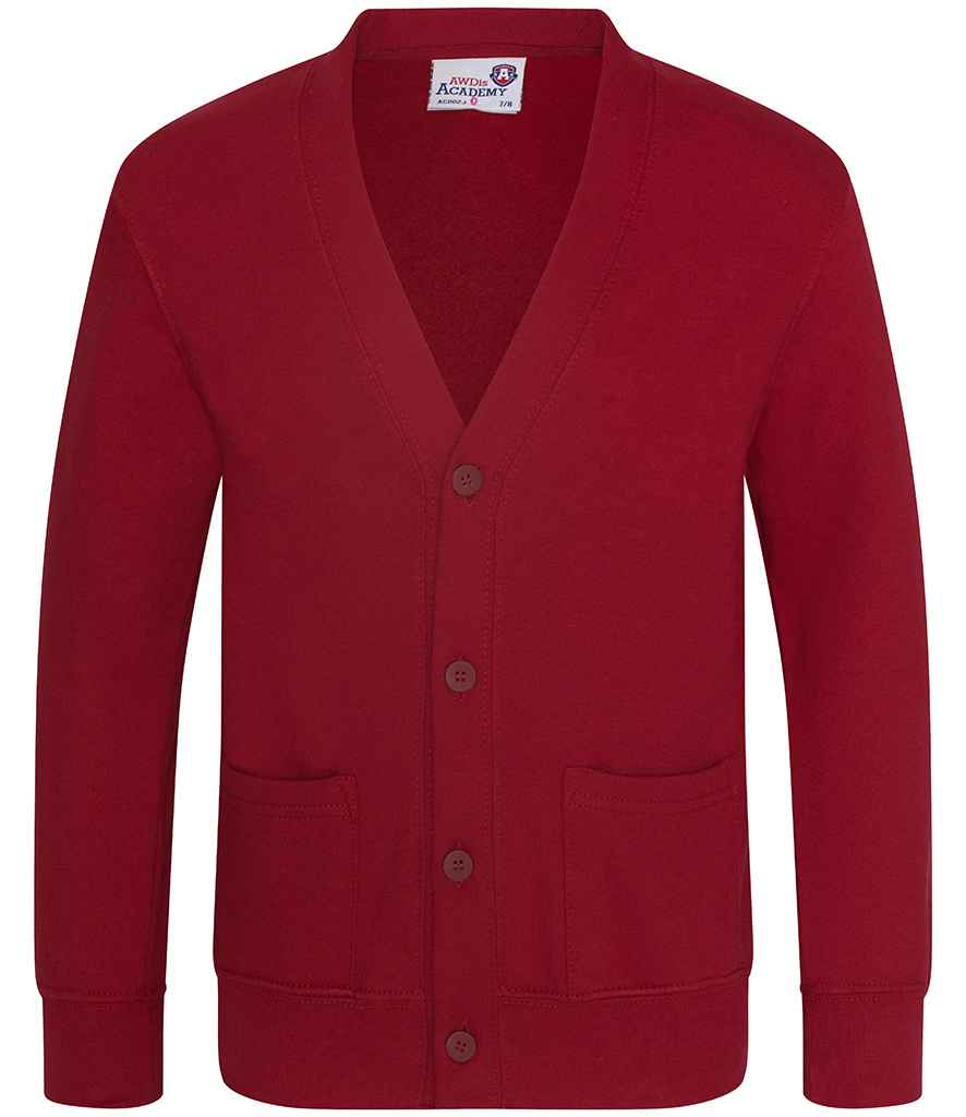 AWDis Academy Kids Sweat Cardigan in Claret by AWDis Academy — Custom branded clothing by Print Press, featuring premium embroidery produced in our specialist print lab in the UK.