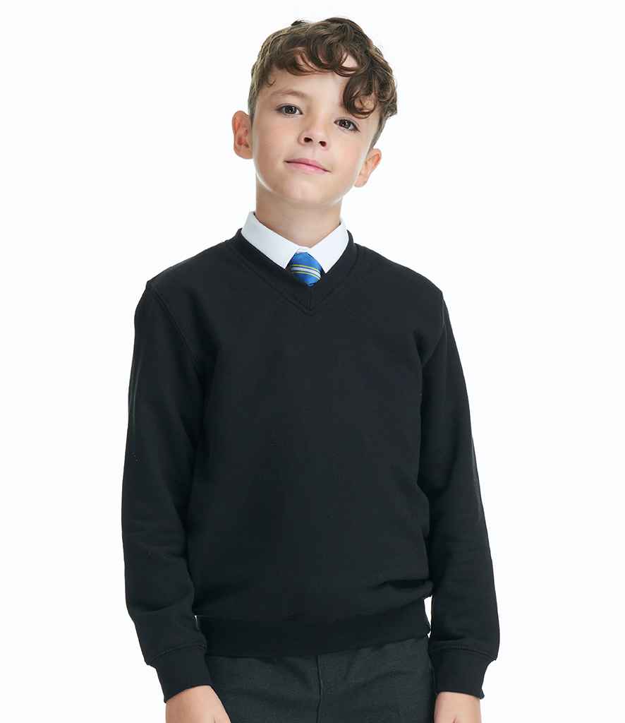 AWDis Academy Kids V Neck Sweatshirt in Black by AWDis Academy — Custom branded clothing by Print Press, featuring premium embroidery produced in our specialist print lab in the UK.