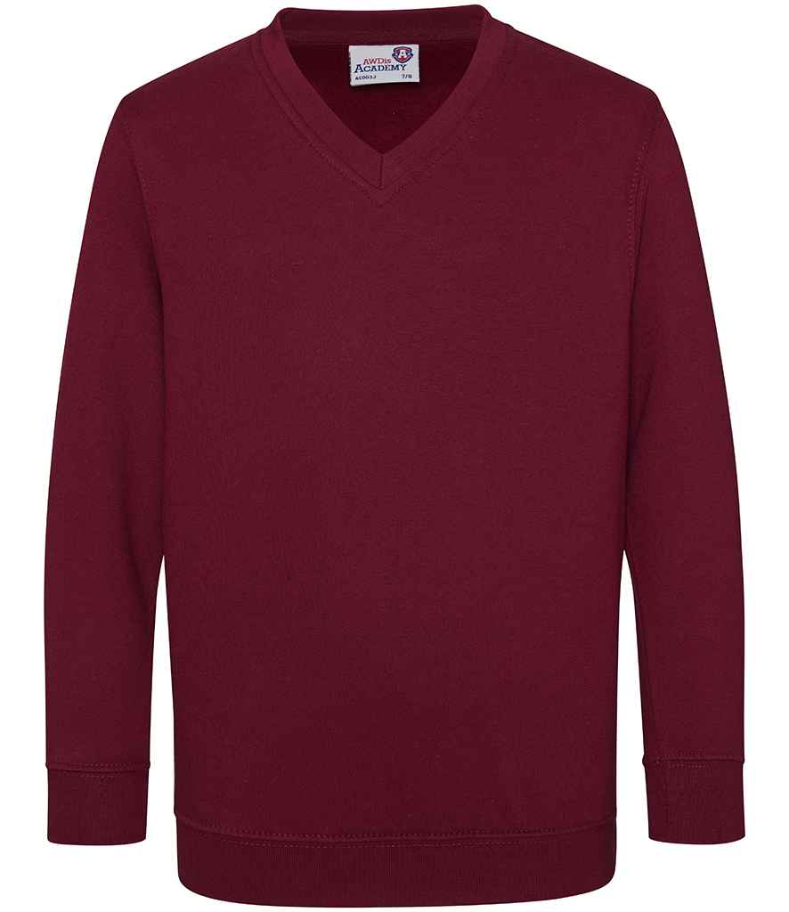 AWDis Academy Kids V Neck Sweatshirt in Burgundy by AWDis Academy — Custom branded clothing by Print Press, featuring premium embroidery produced in our specialist print lab in the UK.