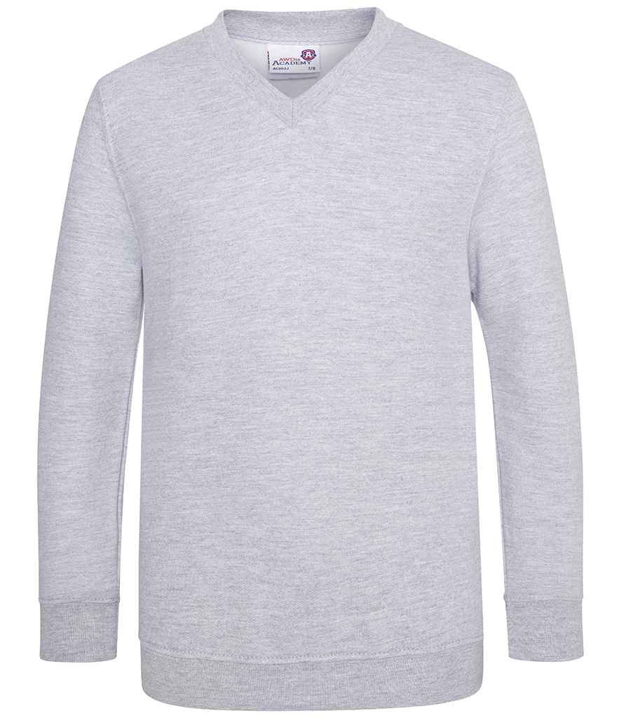 AWDis Academy Kids V Neck Sweatshirt in Grey by AWDis Academy — Custom branded clothing by Print Press, featuring premium embroidery produced in our specialist print lab in the UK.
