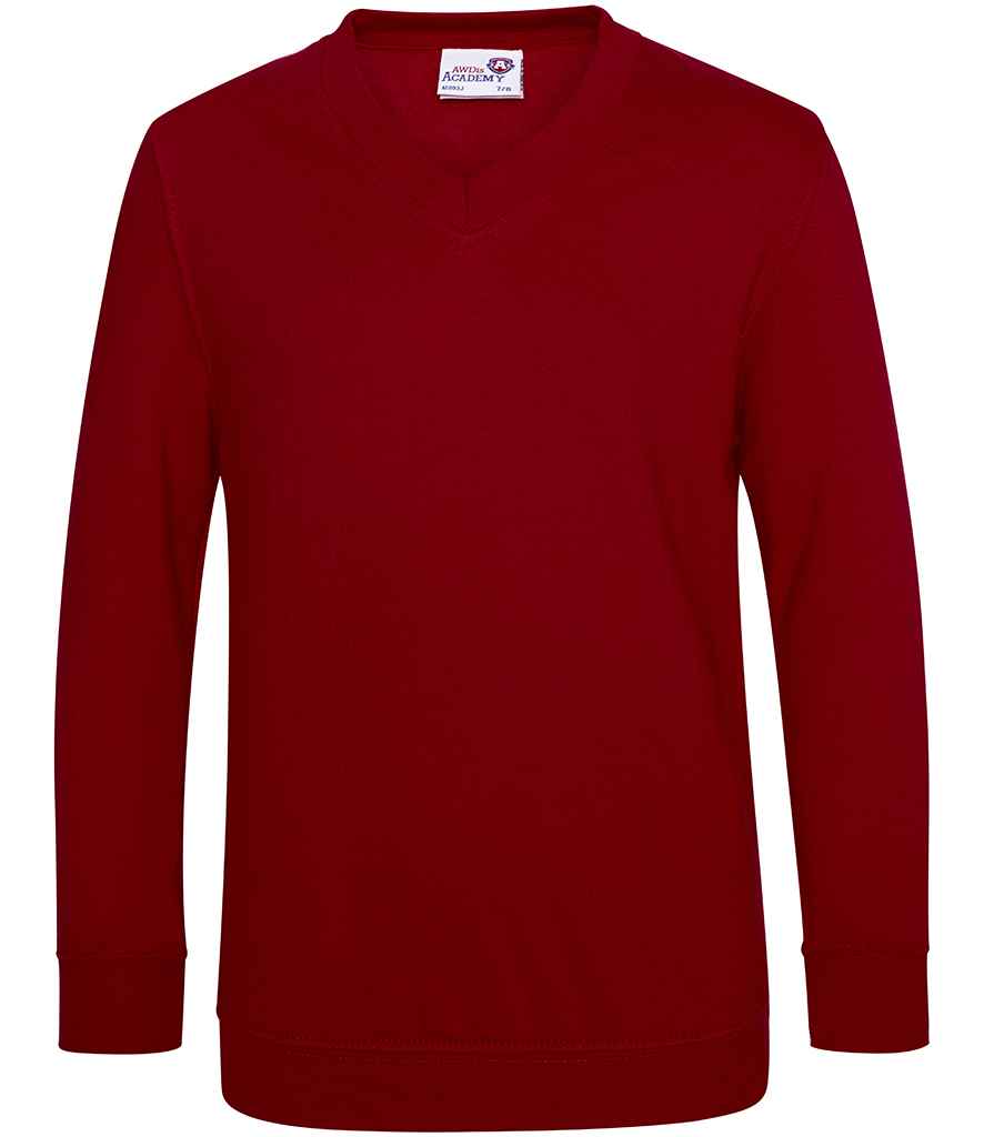 AWDis Academy Kids V Neck Sweatshirt in Claret by AWDis Academy — Custom branded clothing by Print Press, featuring premium embroidery produced in our specialist print lab in the UK.
