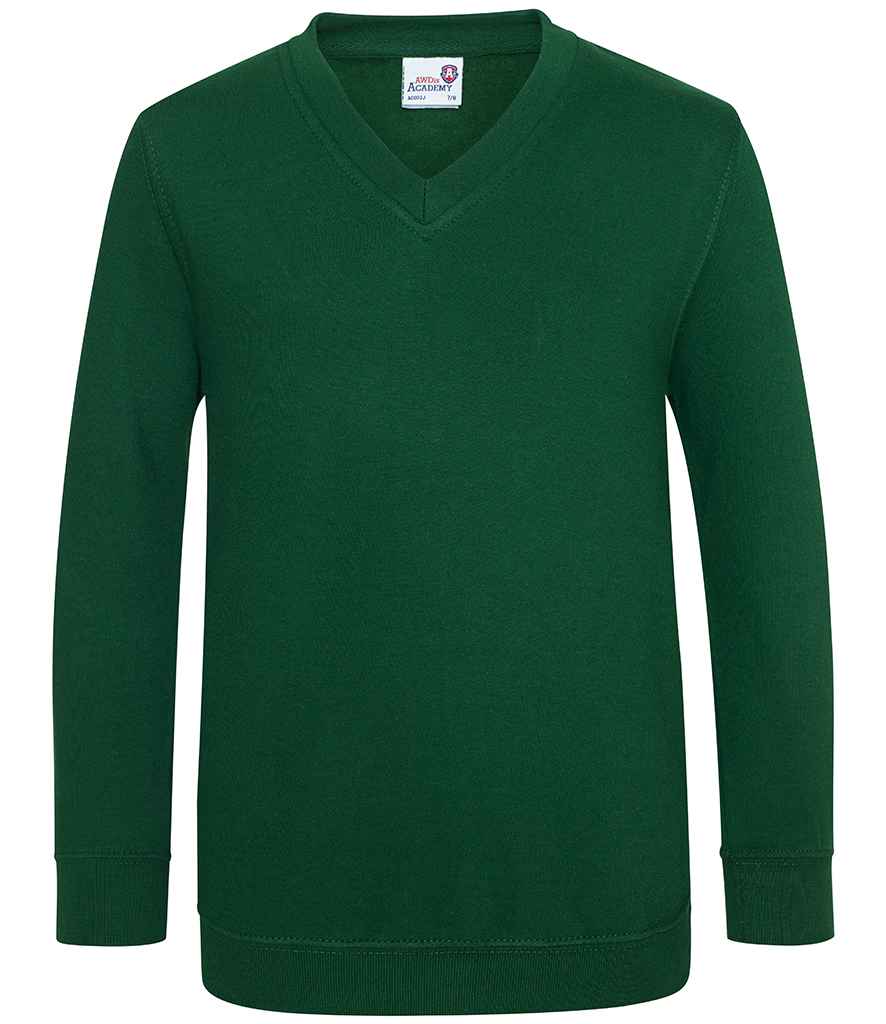 AWDis Academy Kids V Neck Sweatshirt in Green by AWDis Academy — Custom branded clothing by Print Press, featuring premium embroidery produced in our specialist print lab in the UK.