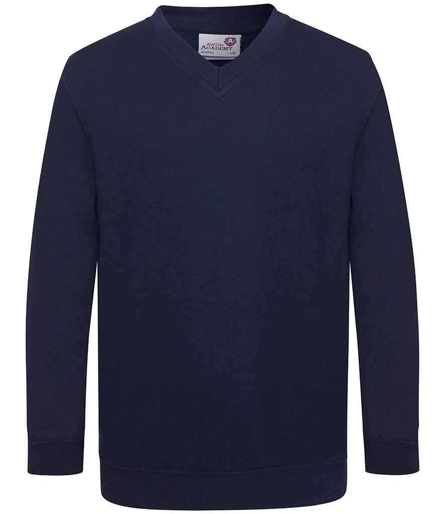 AWDis Academy Kids V Neck Sweatshirt in Navy by AWDis Academy — Custom branded clothing by Print Press, featuring premium embroidery produced in our specialist print lab in the UK.