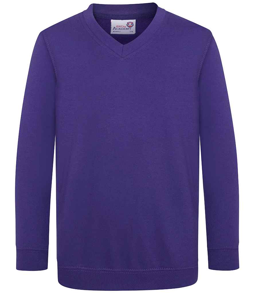 AWDis Academy Kids V Neck Sweatshirt in Purple by AWDis Academy — Custom branded clothing by Print Press, featuring premium embroidery produced in our specialist print lab in the UK.