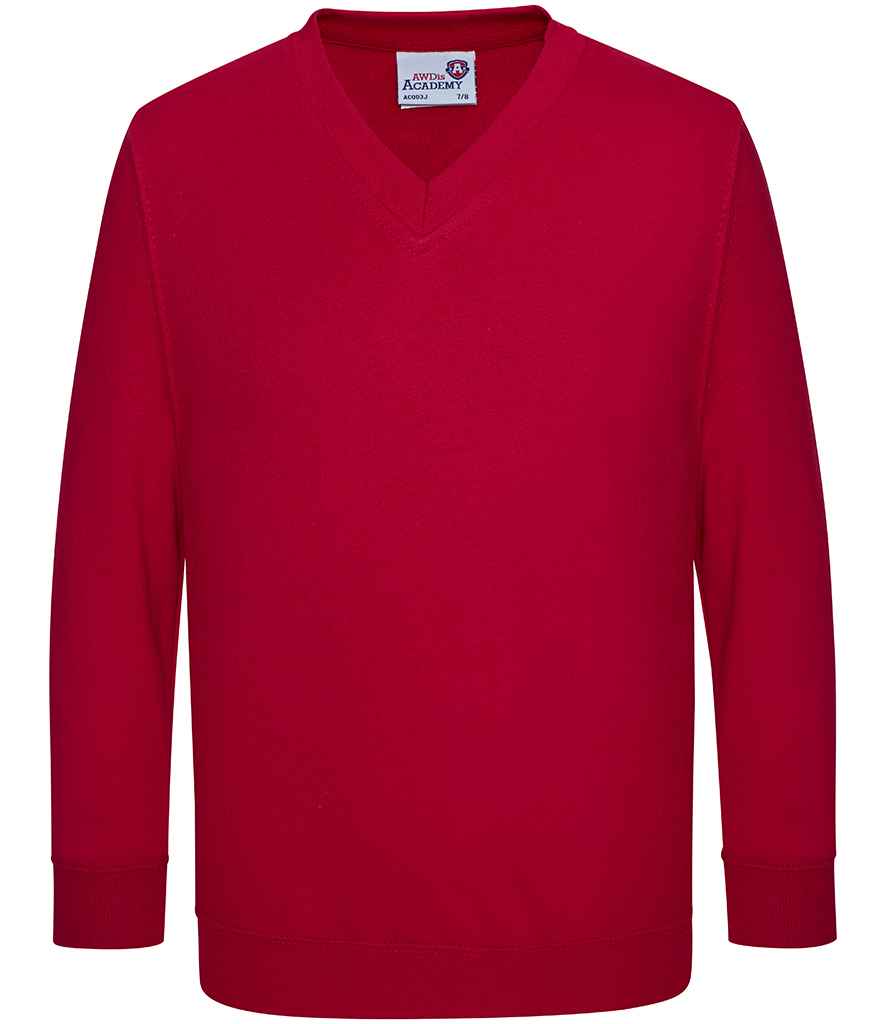 AWDis Academy Kids V Neck Sweatshirt in Red by AWDis Academy — Custom branded clothing by Print Press, featuring premium embroidery produced in our specialist print lab in the UK.