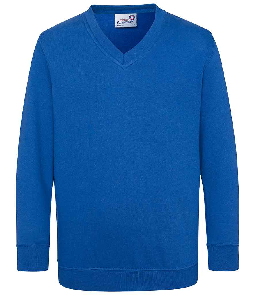 AWDis Academy Kids V Neck Sweatshirt in Royal Blue by AWDis Academy — Custom branded clothing by Print Press, featuring premium embroidery produced in our specialist print lab in the UK.