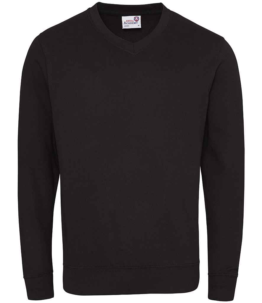 AWDis Academy V Neck Sweatshirt in Black by AWDis Academy — Custom branded clothing by Print Press, featuring premium embroidery produced in our specialist print lab in the UK.