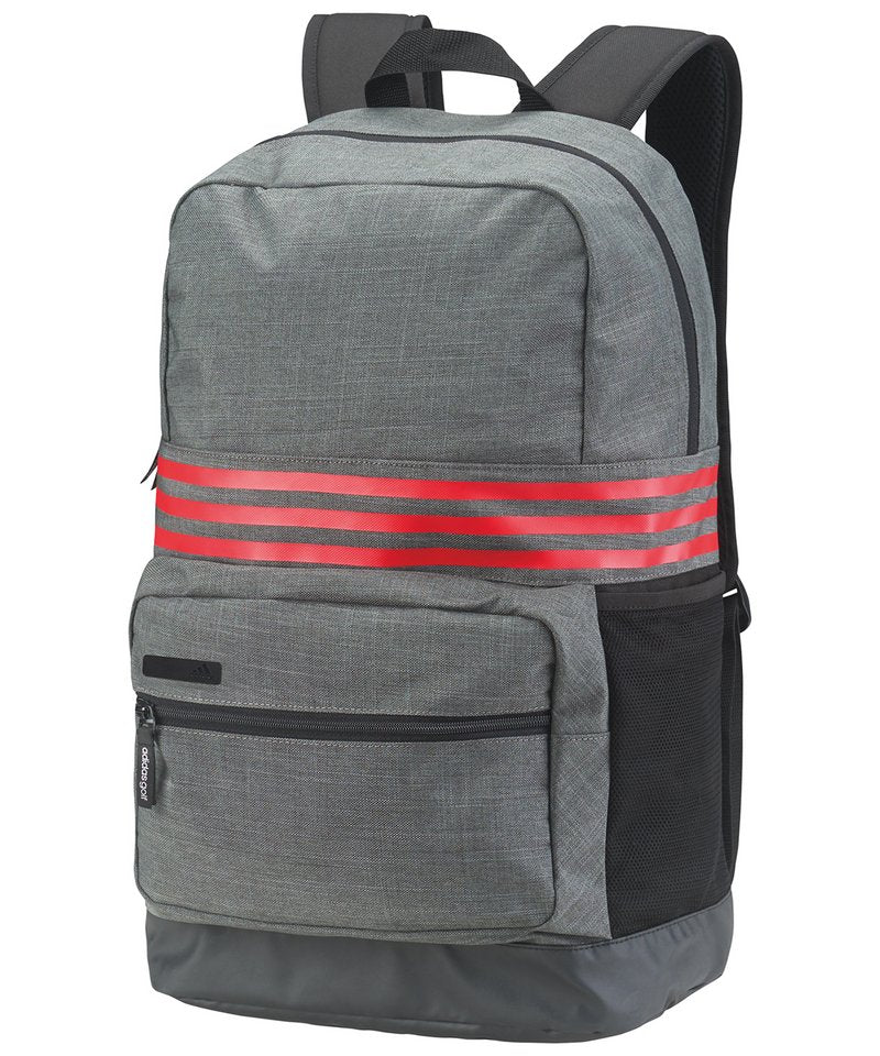 3-Stripes Medium Backpack in One size Dark Grey Heather Scarlet by Adidas — Custom branded clothing by Print Press, featuring premium embroidery produced in our specialist print lab in the UK.