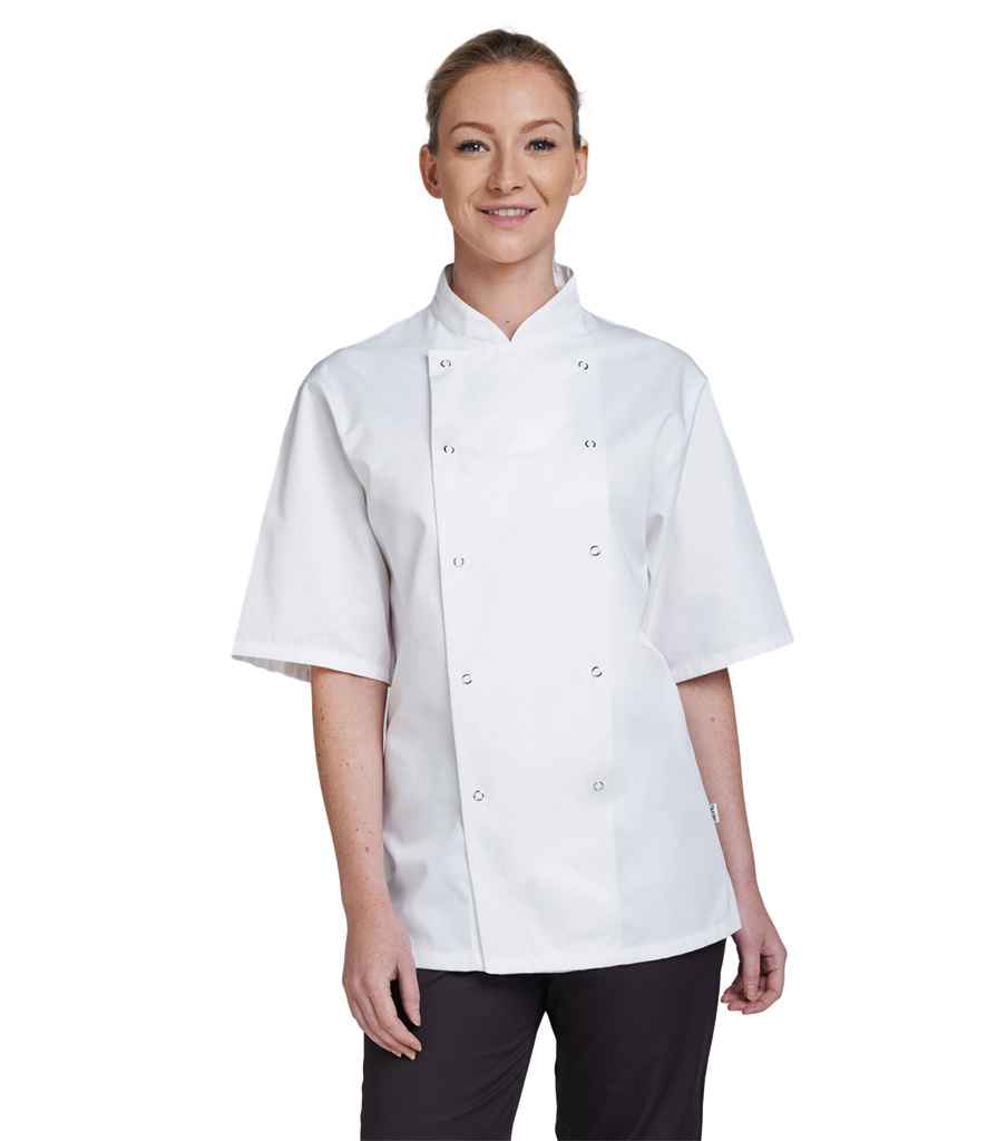 Dennys Short Sleeve Chef's Jacket in White by Dennys — Custom branded clothing by Print Press, featuring premium embroidery produced in our specialist print lab in the UK.