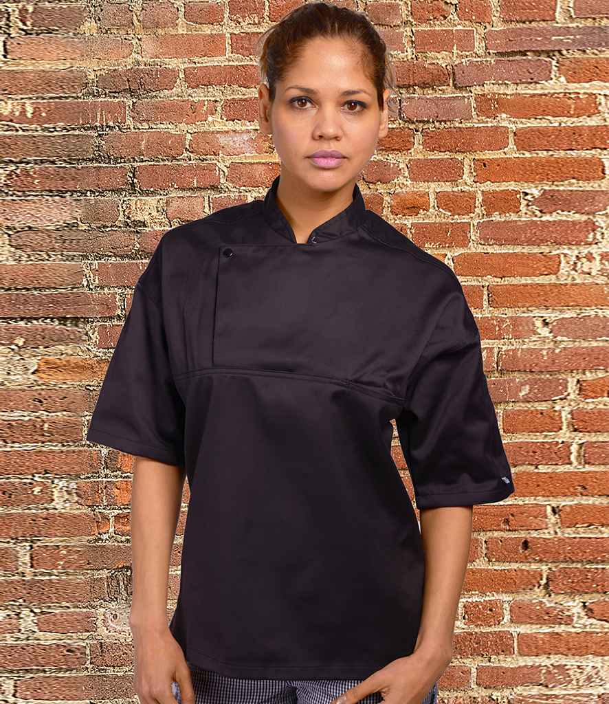 AFD Short Sleeve Chef's Tunic in Black by AFD — Custom branded clothing by Print Press, featuring premium embroidery produced in our specialist print lab in the UK.
