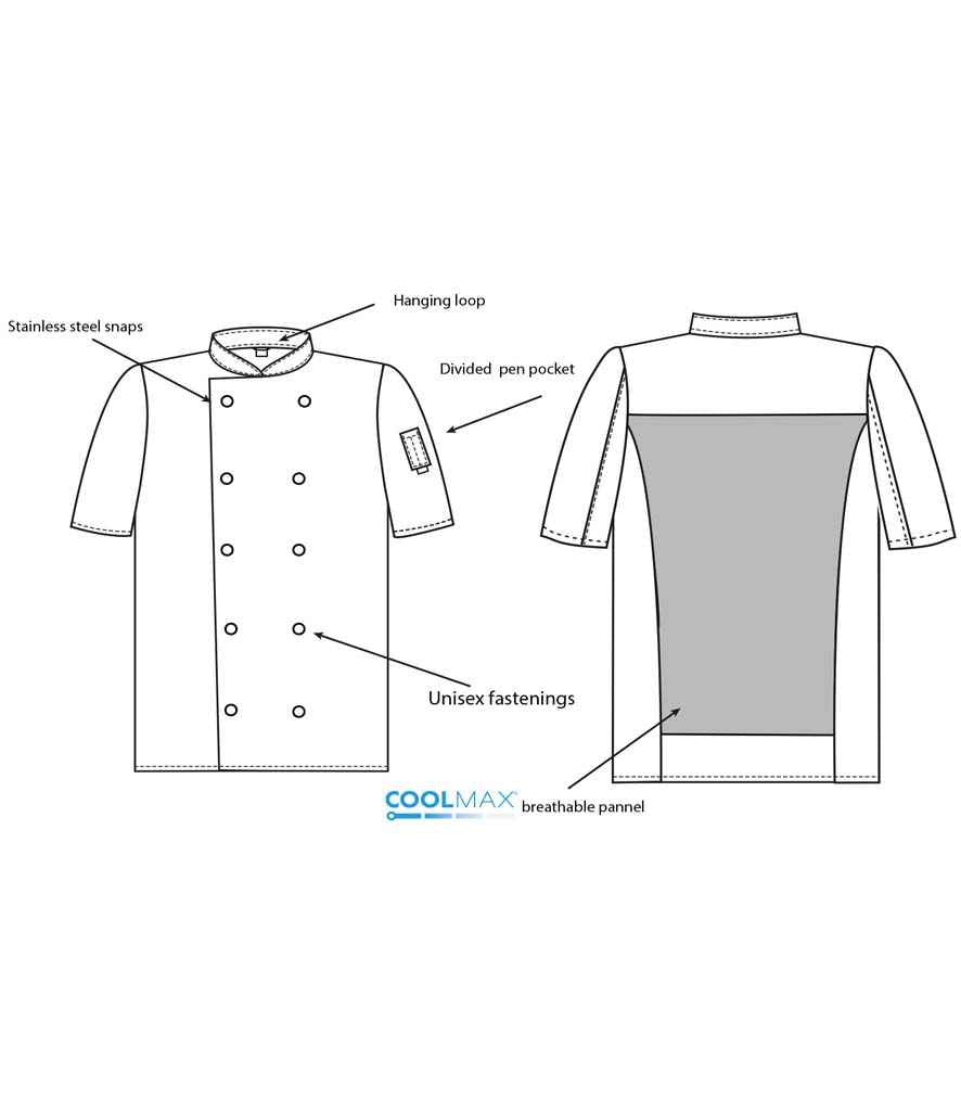 AFD Short Sleeve Coolmax® Chef's Jacket in by AFD — Custom branded clothing by Print Press, featuring premium embroidery produced in our specialist print lab in the UK.