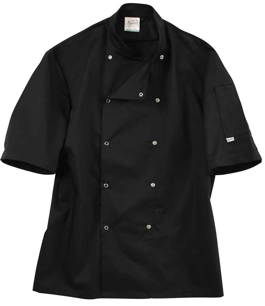 AFD Short Sleeve Coolmax® Chef's Jacket in Black by AFD — Custom branded clothing by Print Press, featuring premium embroidery produced in our specialist print lab in the UK.