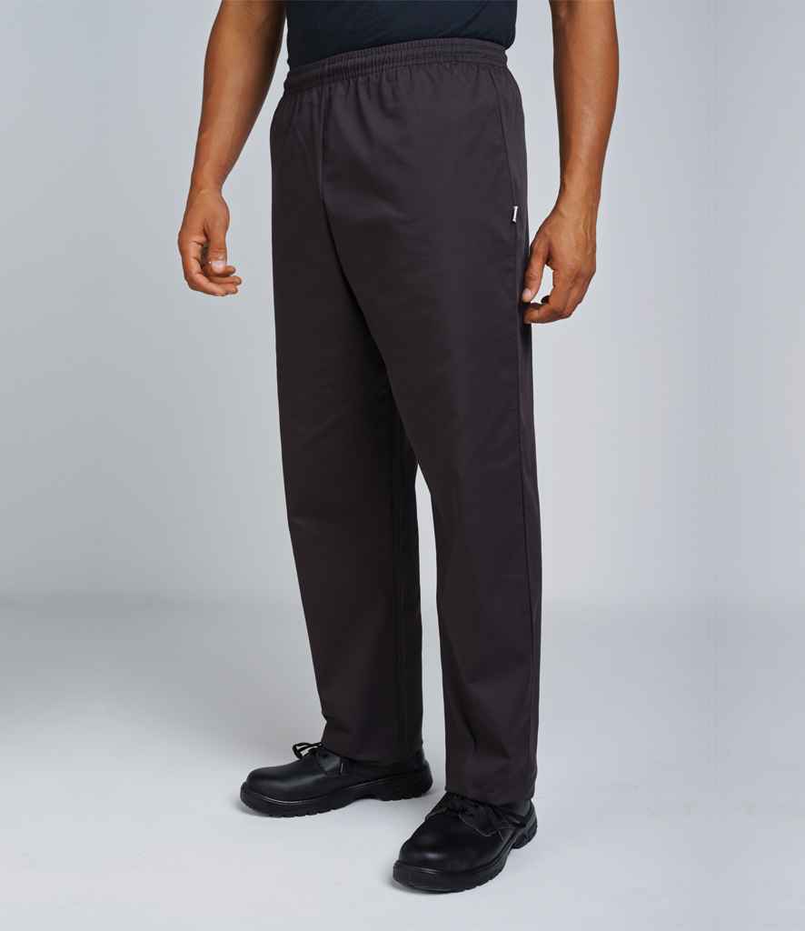 Dennys Elasticated Chef's Trousers in Black by Dennys — Custom branded clothing by Print Press, featuring premium embroidery produced in our specialist print lab in the UK.