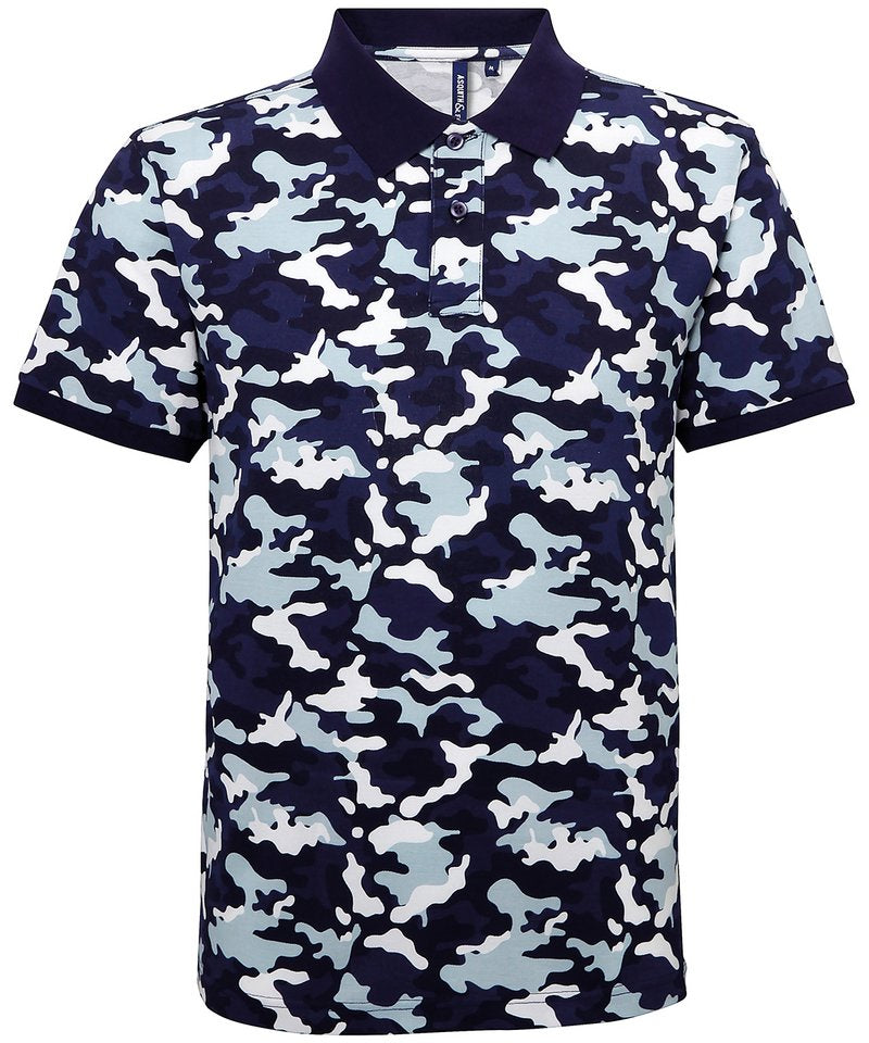 Men's Camo Pique Polo in Camo Blue by Asquith & Fox — Custom branded clothing by Print Press, featuring premium embroidery produced in our specialist print lab in the UK.