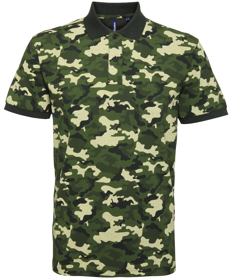 Men's Camo Pique Polo in Camo Green by Asquith & Fox — Custom branded clothing by Print Press, featuring premium embroidery produced in our specialist print lab in the UK.