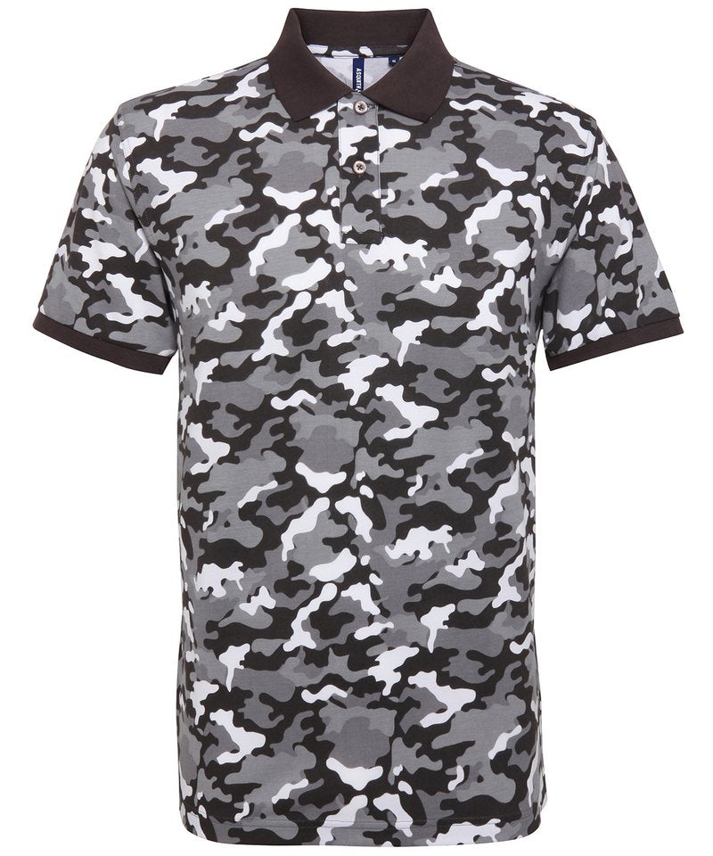 Men's Camo Pique Polo in Camo Grey by Asquith & Fox — Custom branded clothing by Print Press, featuring premium embroidery produced in our specialist print lab in the UK.