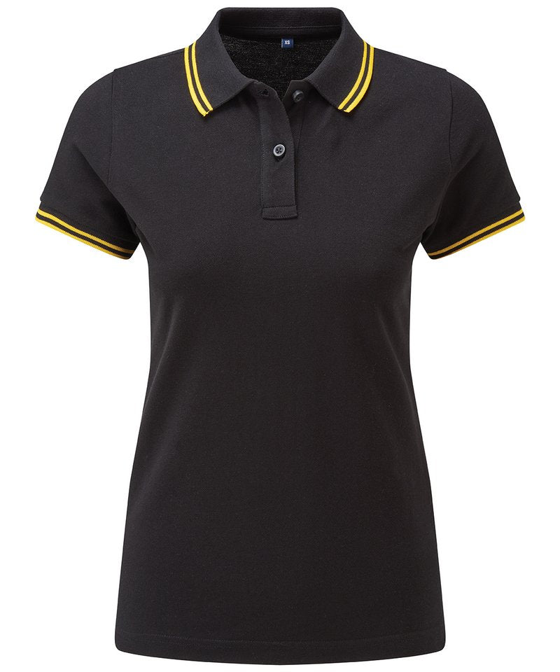 Women's Classic Fit Tipped Polo in Black Yellow by Asquith & Fox — Custom branded clothing by Print Press, featuring premium embroidery produced in our specialist print lab in the UK.