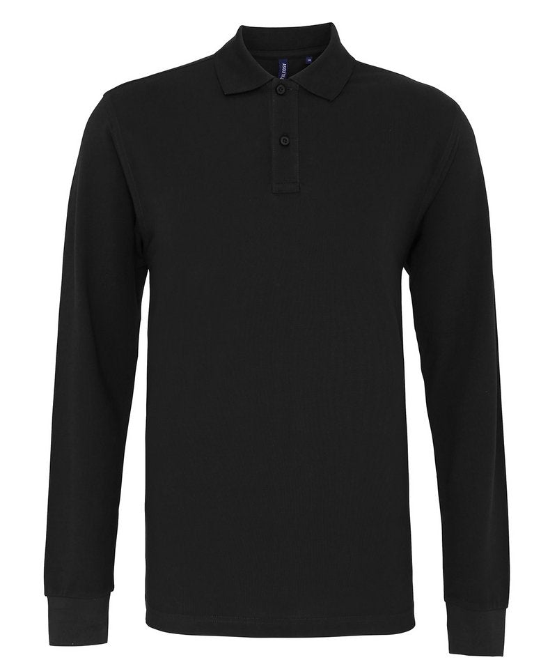 Men's Classic Fit Long Sleeved Polo in Black by Asquith & Fox — Custom branded clothing by Print Press, featuring premium embroidery produced in our specialist print lab in the UK.