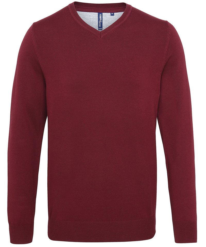 Men's Cotton Blend V-Neck Sweater in Burgundy by Asquith & Fox — Custom branded clothing by Print Press, featuring premium embroidery produced in our specialist print lab in the UK.
