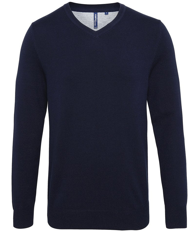 Men's Cotton Blend V-Neck Sweater in French Navy by Asquith & Fox — Custom branded clothing by Print Press, featuring premium embroidery produced in our specialist print lab in the UK.