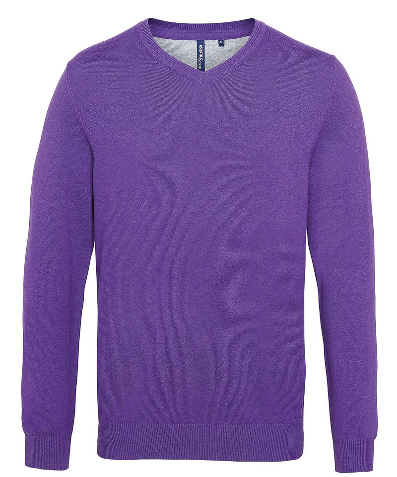 Men's Cotton Blend V-Neck Sweater in Purple Heather by Asquith & Fox — Custom branded clothing by Print Press, featuring premium embroidery produced in our specialist print lab in the UK.